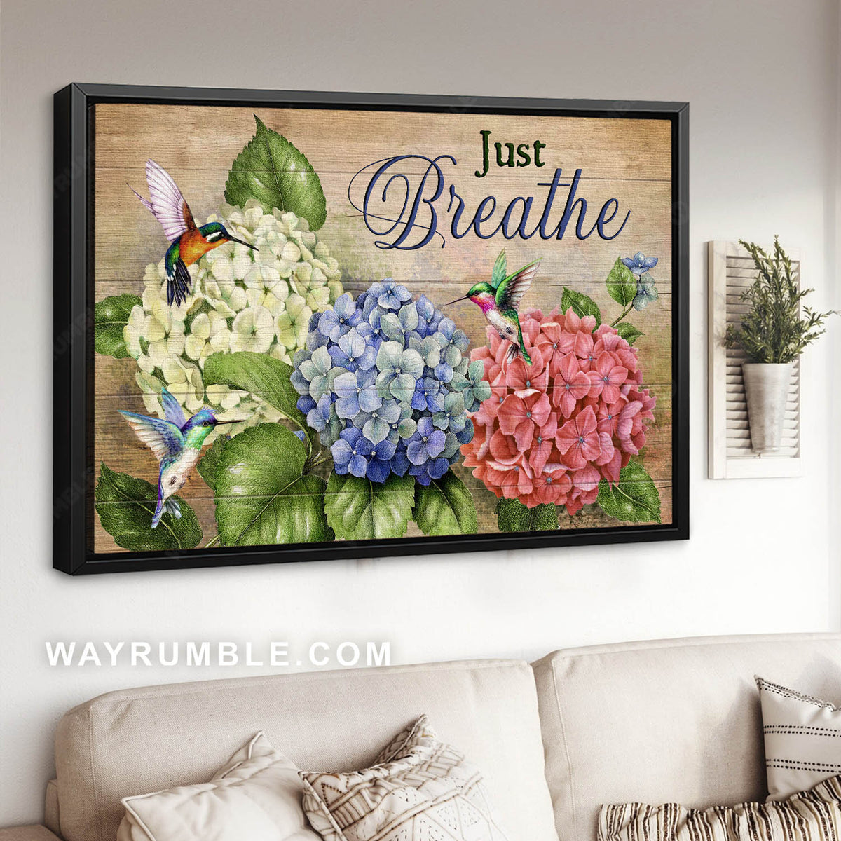 Blue hydrangea, Pink hydrangea, White hydrangea, Green hummingbirds. Just breathe - Jesus Landscape Canvas Prints, Christian Wall Art