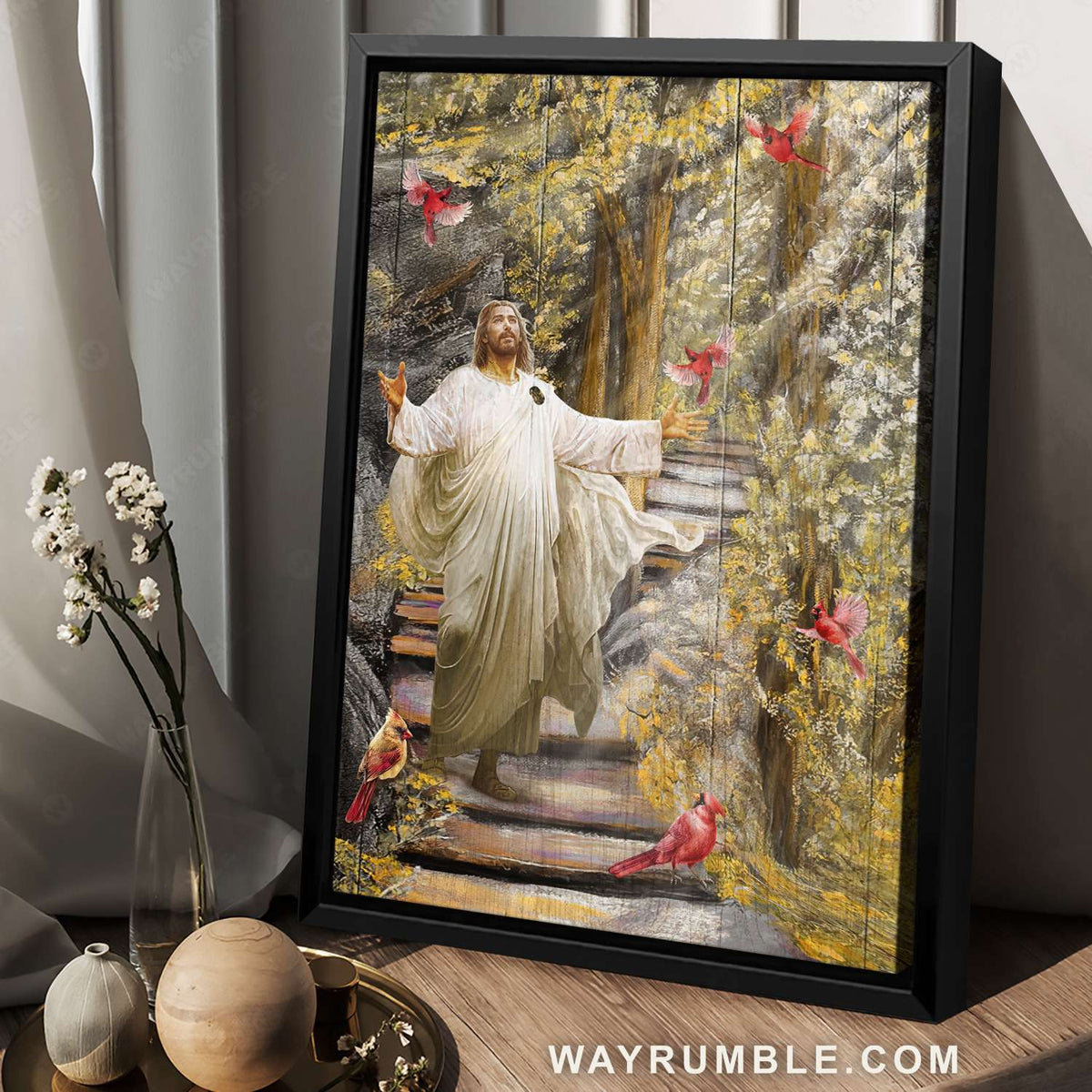Jesus calls, Jesus drawing, Red cardinals, Autumn forest - Jesus Portrait Canvas Prints, Christian Wall Art
