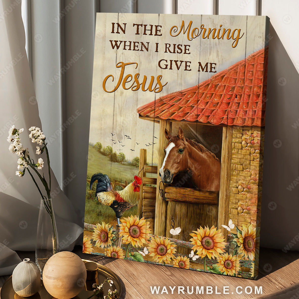 Peaceful Farm, Chicken, Horse, In the morning when I rise - Jesus Portrait Canvas Prints, Christian Wall Art