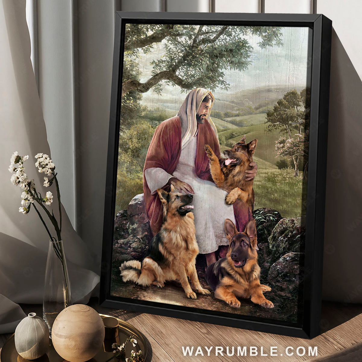 Jesus painting, German shepherd, Green landscape - Jesus Portrait Canvas Prints, Christian Wall Art