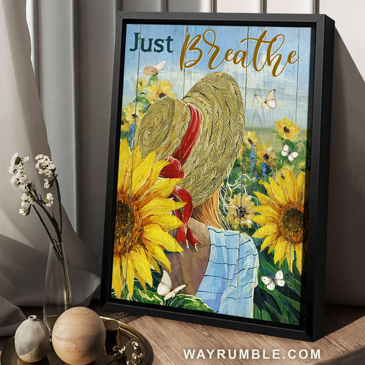 Beautiful girl, Straw hat, Sunflower, Blue sky, Just breathe - Jesus Portrait Canvas Prints, Christian Wall Art\