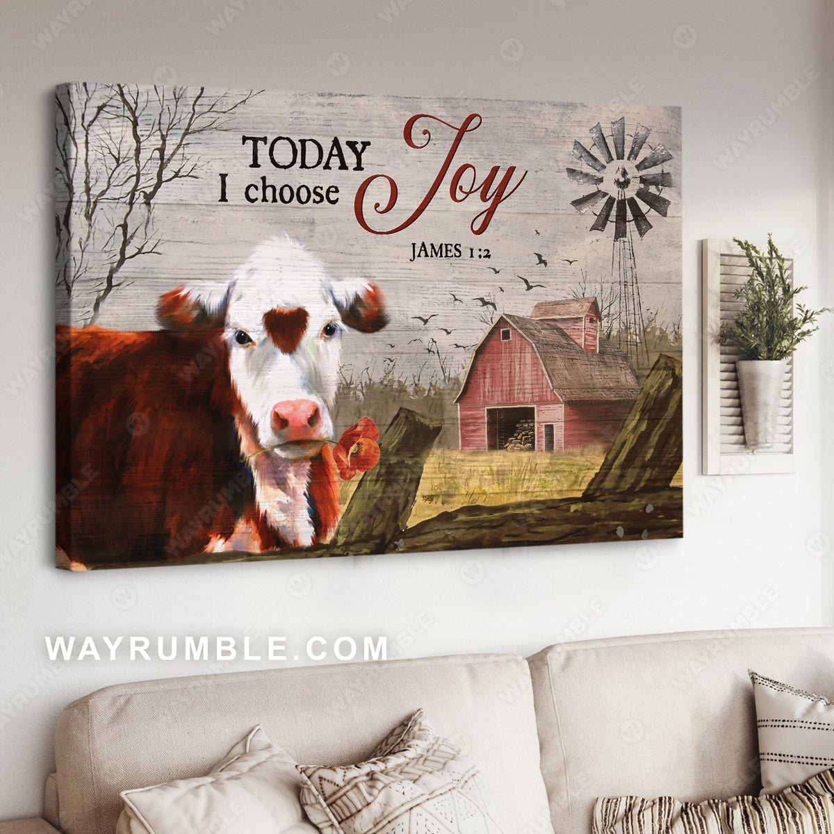 Rustic barn, Cow painting, Windmill, Today I choose joy - Jesus Landscape Canvas Prints, Christian Wall Art