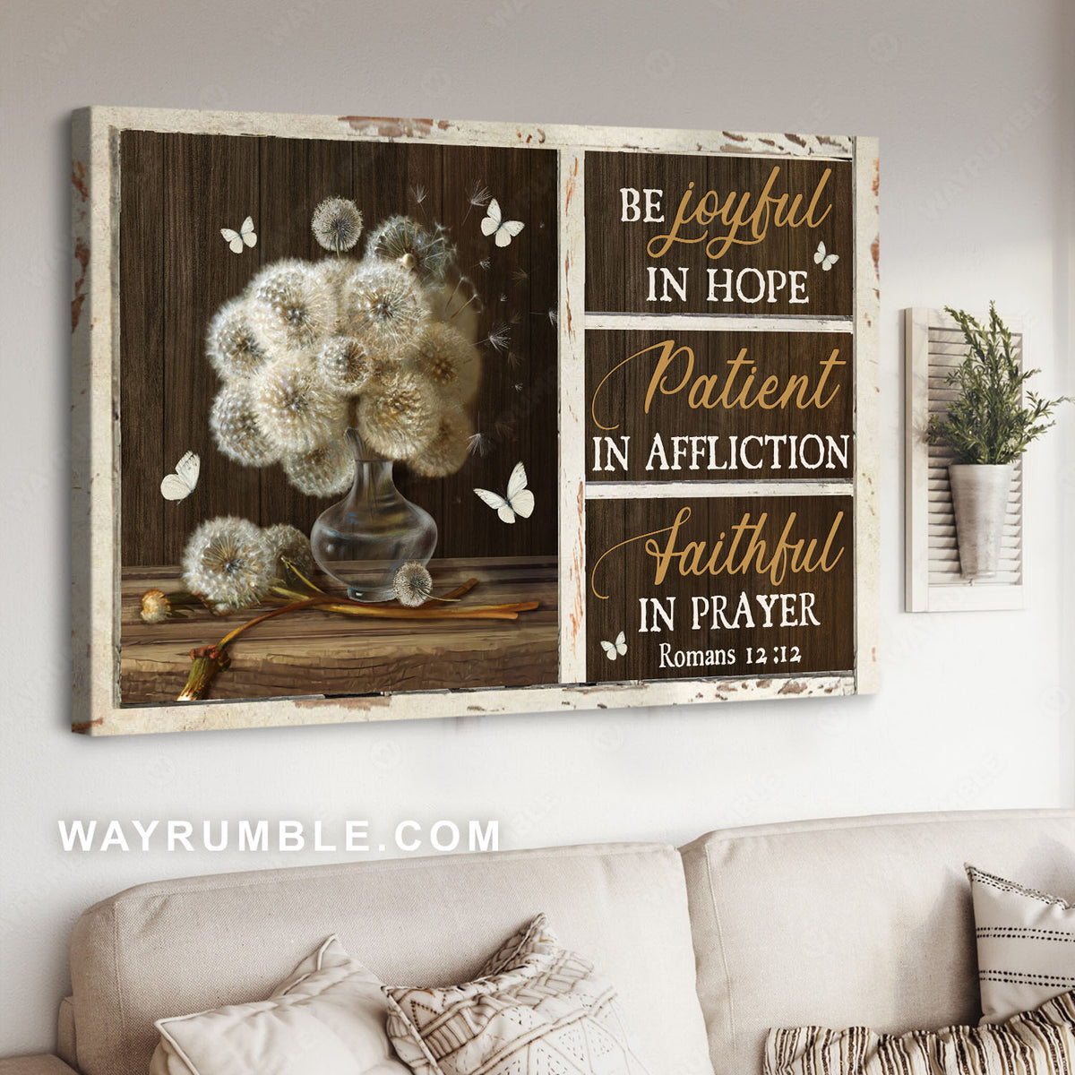 Dandelion, Flower vase, White butterfly, Be joyful in hope - Jesus Landscape Canvas Prints, Christian Wall Art
