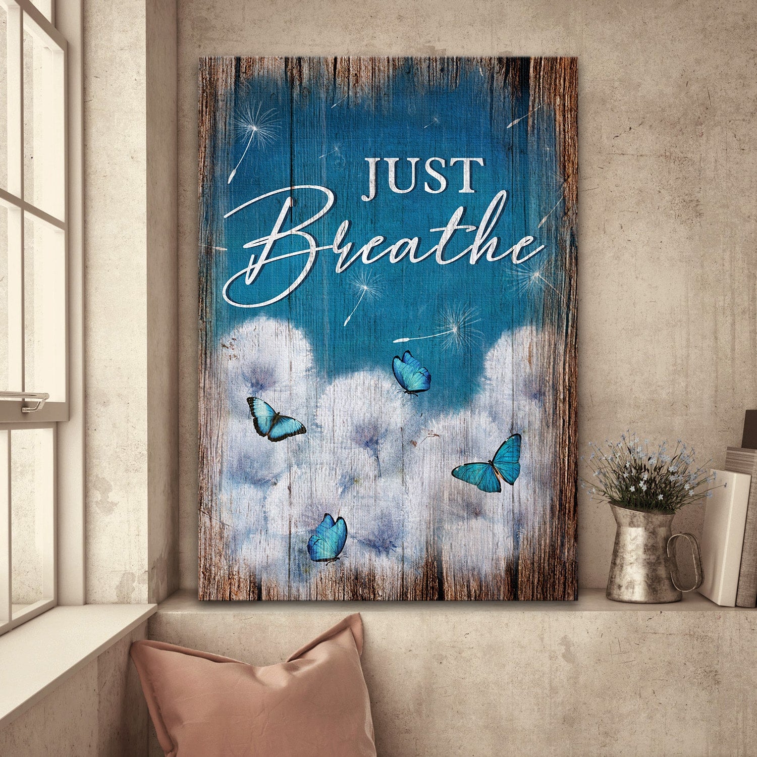 Dandelion, Butterfly, Blue Sky, Just breathe - Jesus Portrait Canvas Prints, Wall Art