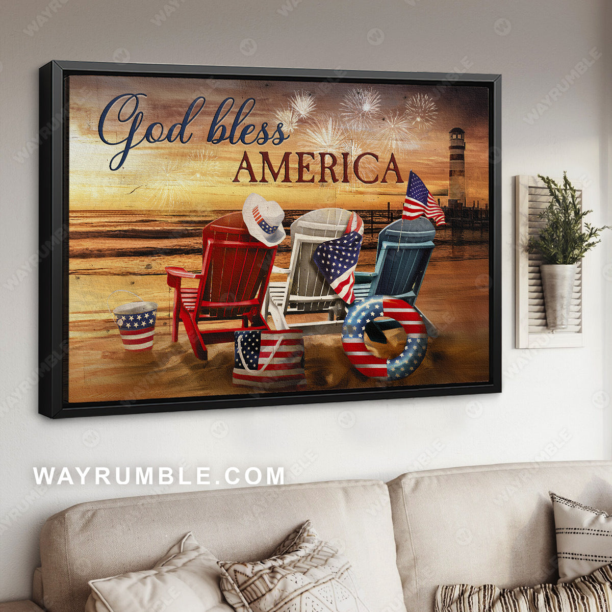 Beach chairs, American flag, Sunset beach, God bless America - Jesus Landscape Canvas Prints, Christian Wall Art
