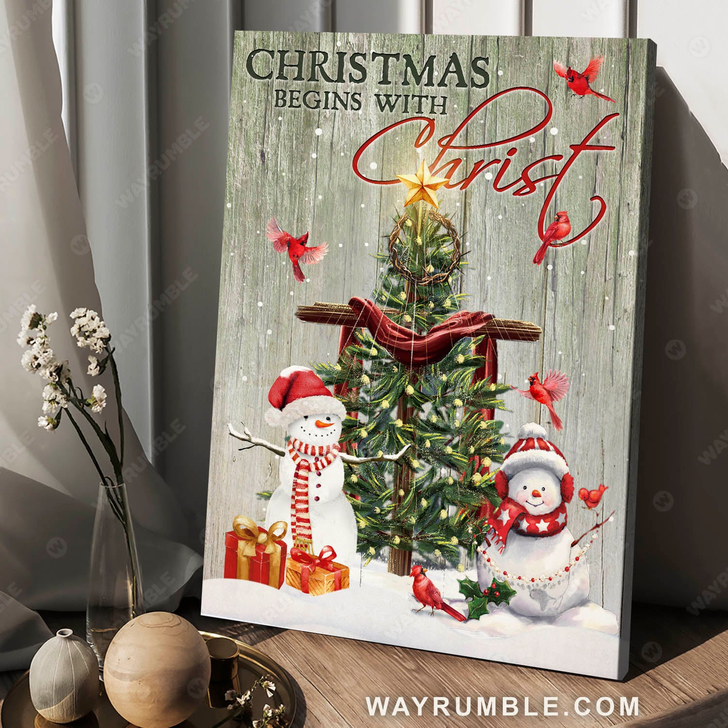 Winter, Christmas tree, Cute Snowman, Cardinal, Christmas begins with Christ - Jesus Portrait Canvas Prints, Christian Wall Art