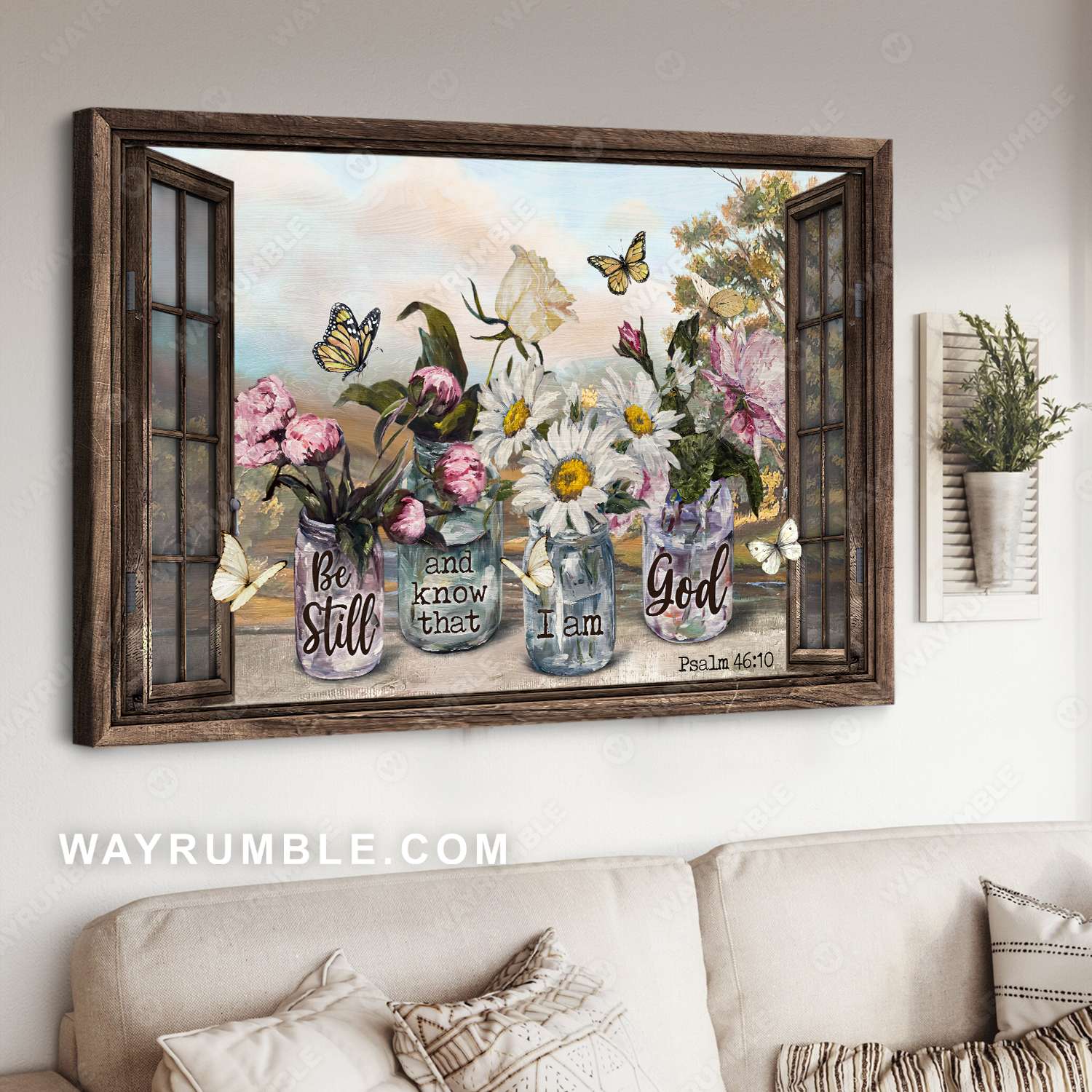 Glass bottle, Elegant flower, Window frame, Be still and know that I am God - Jesus Landscape Canvas Prints, Christian Wall Art