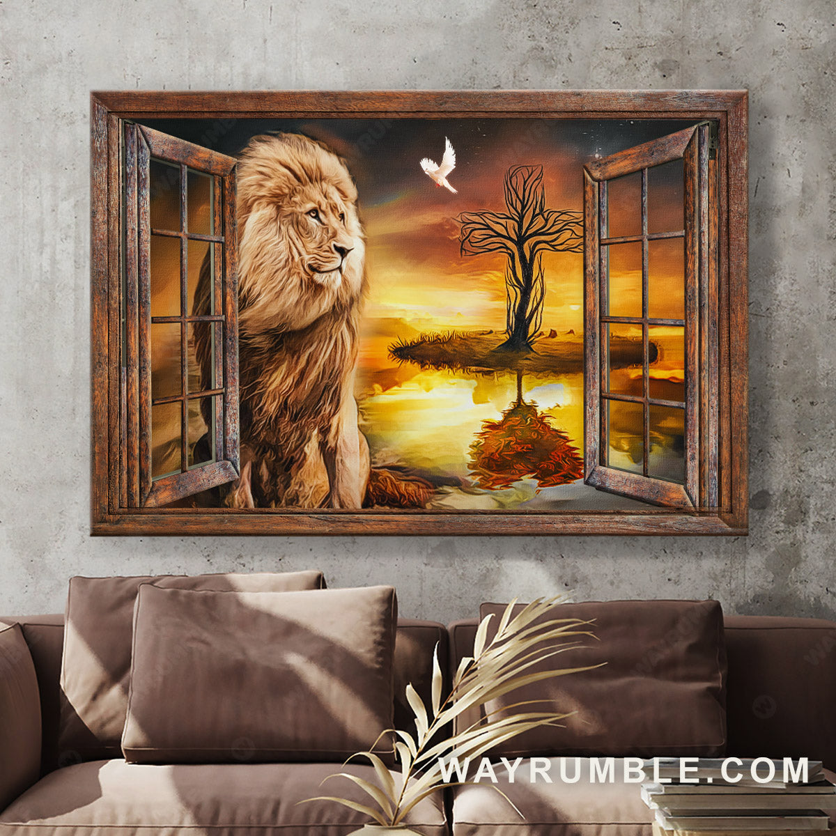 Lion of Judah, The beautiful sunset, Window frame, Lion and the dove - Jesus Landscape Canvas Prints, Christian Wall Art