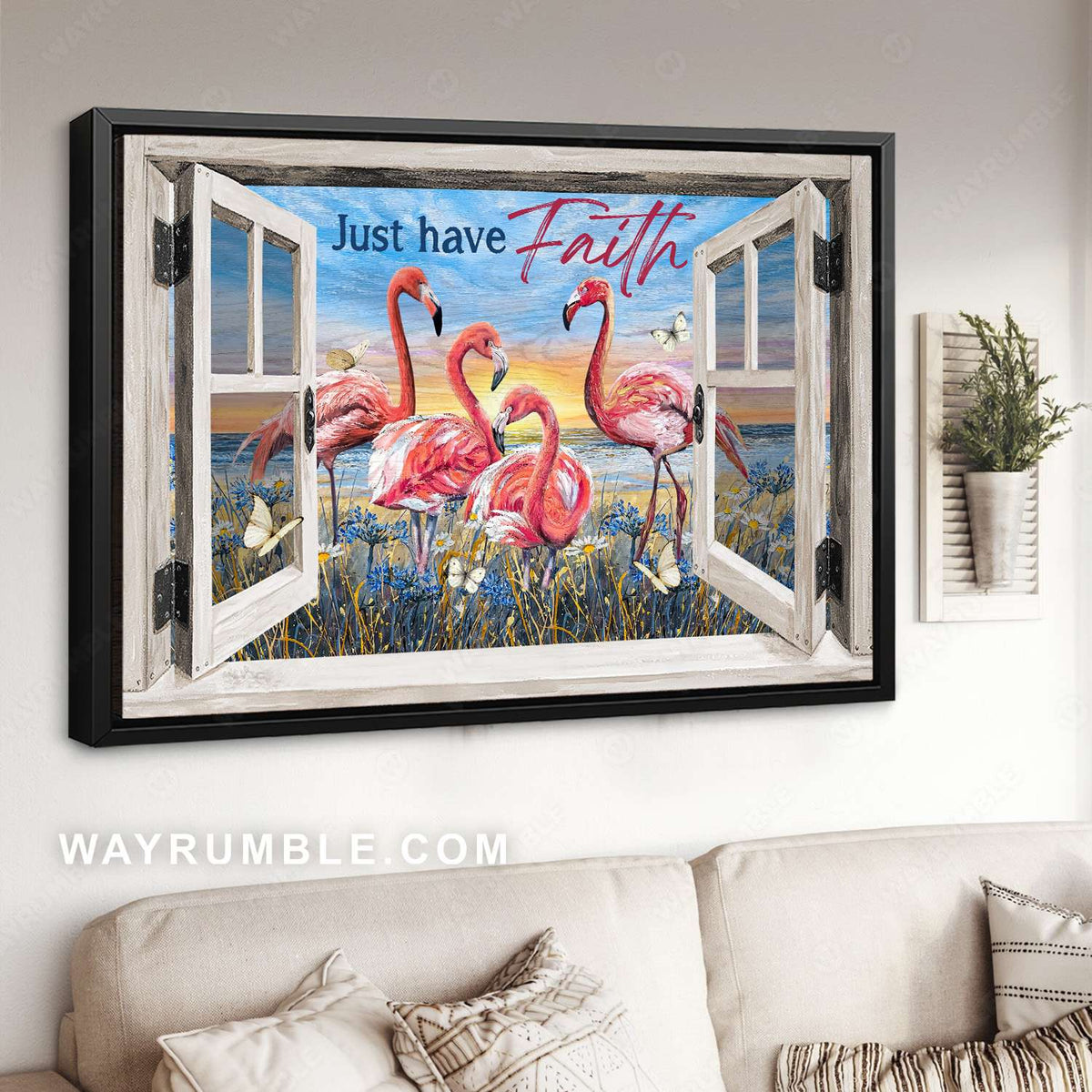 Flamingo painting, Blue flowers, Sunny day, Just have faith - Jesus Landscape Canvas Prints, Christian Wall Art