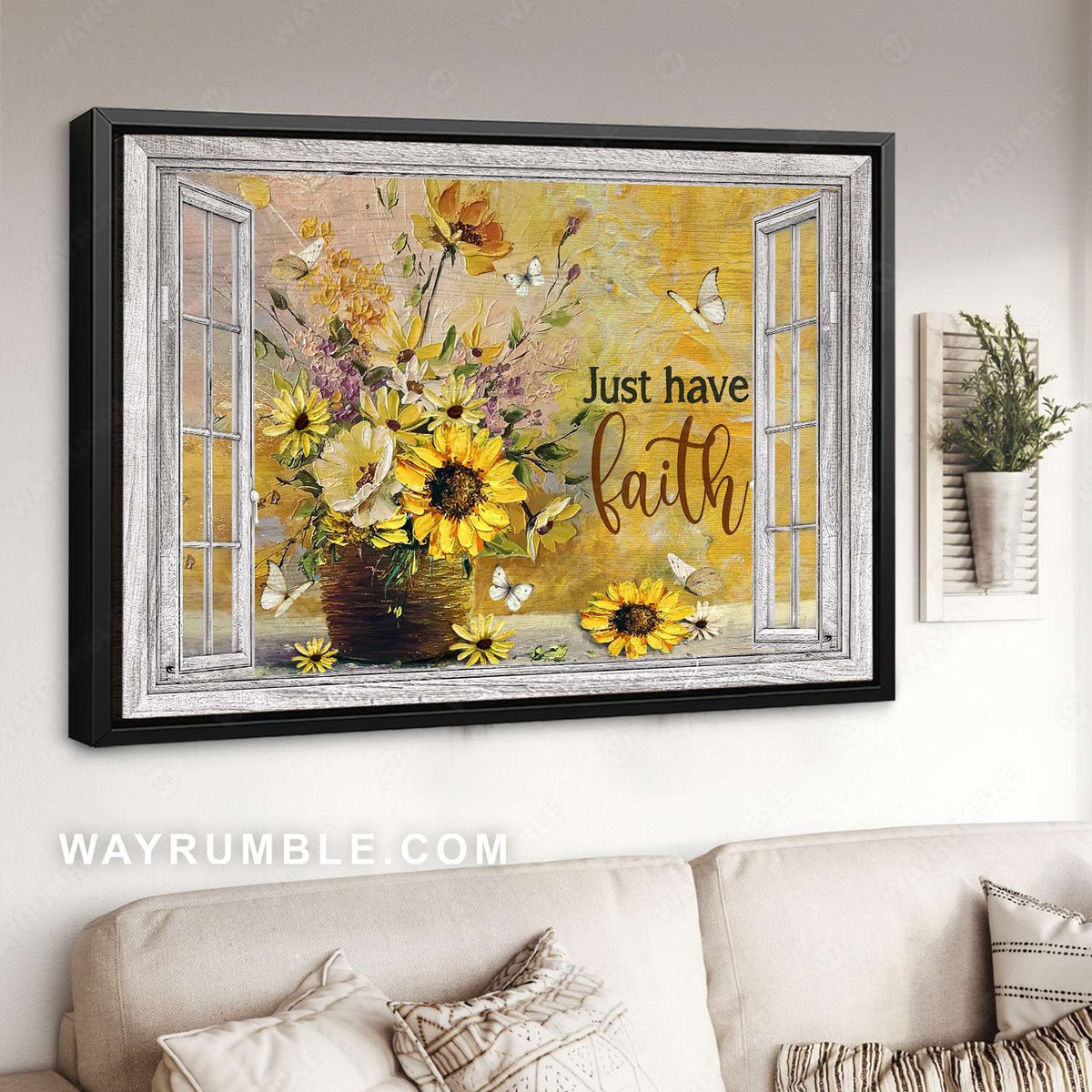 Sunflower, Yellow daisy, White anemone, Flower vase, Just have faith - Jesus Landscape Canvas Prints, Christian Wall Art