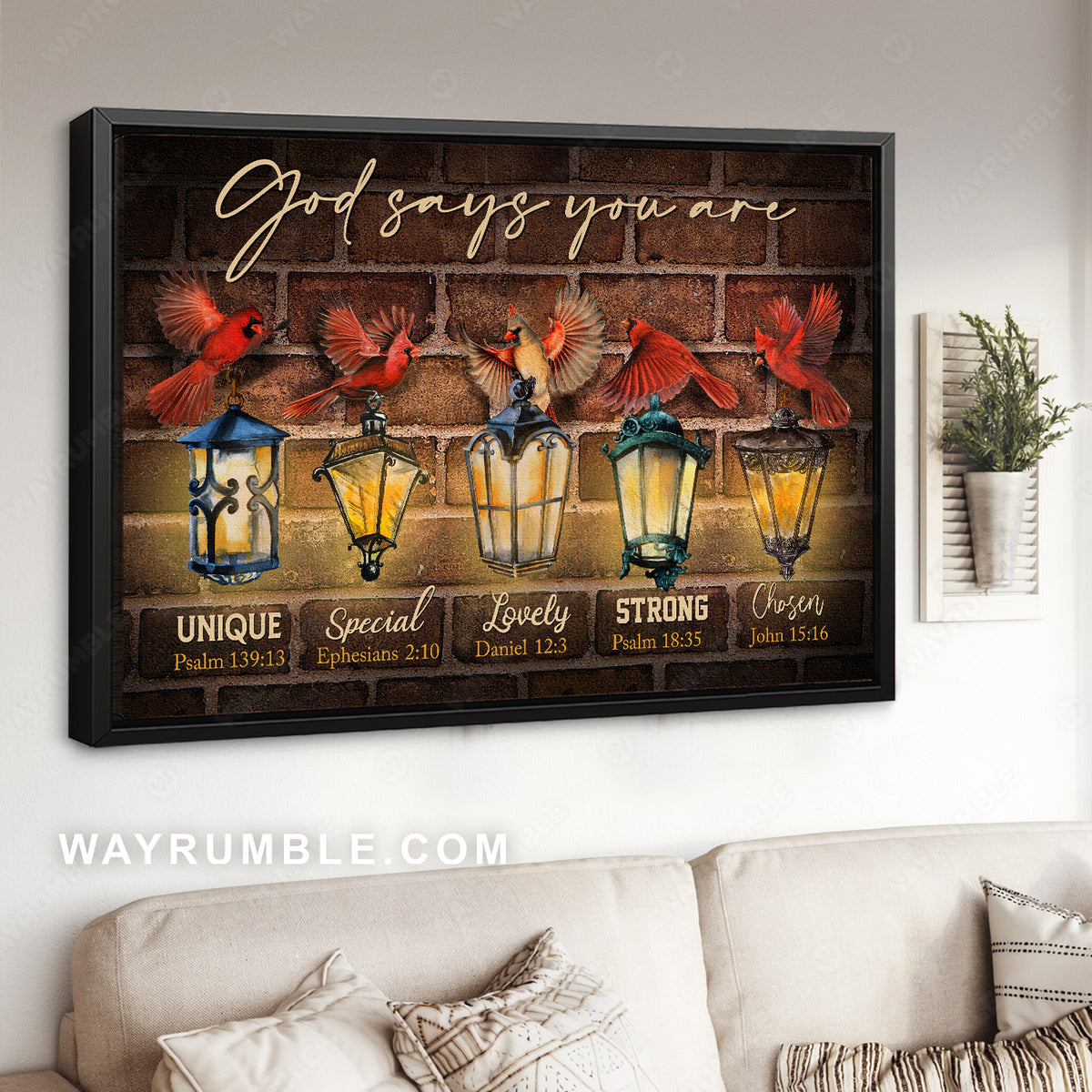 Red cardinals, Street lamps, God says you are unique - Jesus Landscape Canvas Prints, Christian Wall Art
