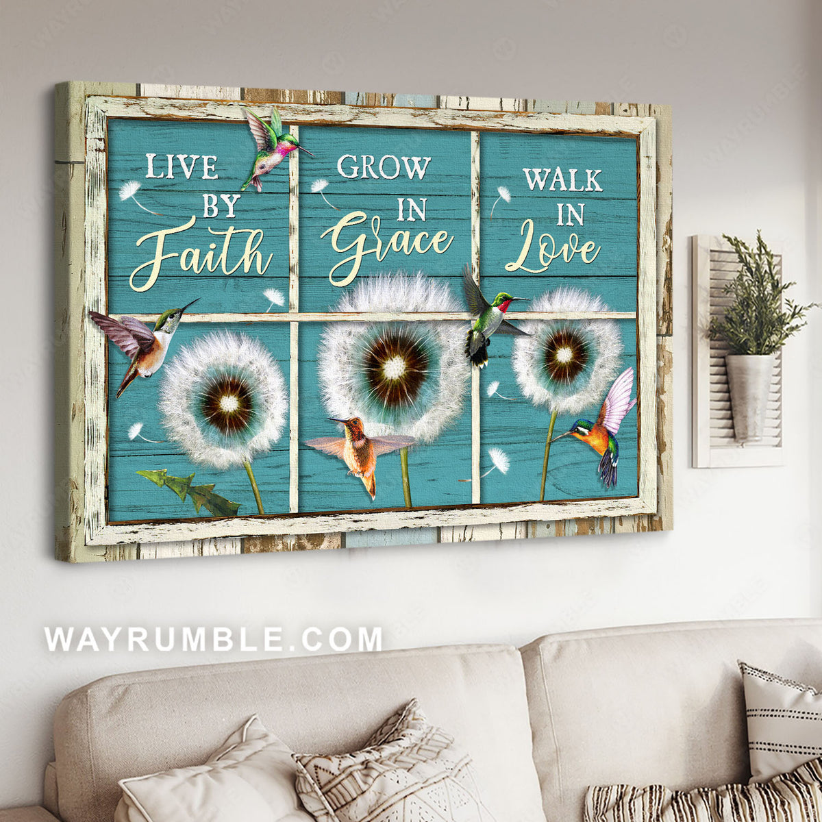 Dandelions, Colorful hummingbird, Window frame, Live by faith - Jesus Landscape Canvas Prints, Christian Wall Art