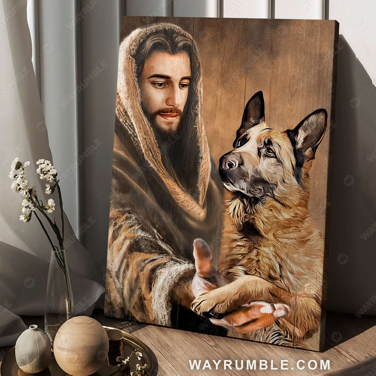 German Shepherd, Jesus painting, In the hand of Jesus - Jesus Canvas Prints, Christian Wall Art