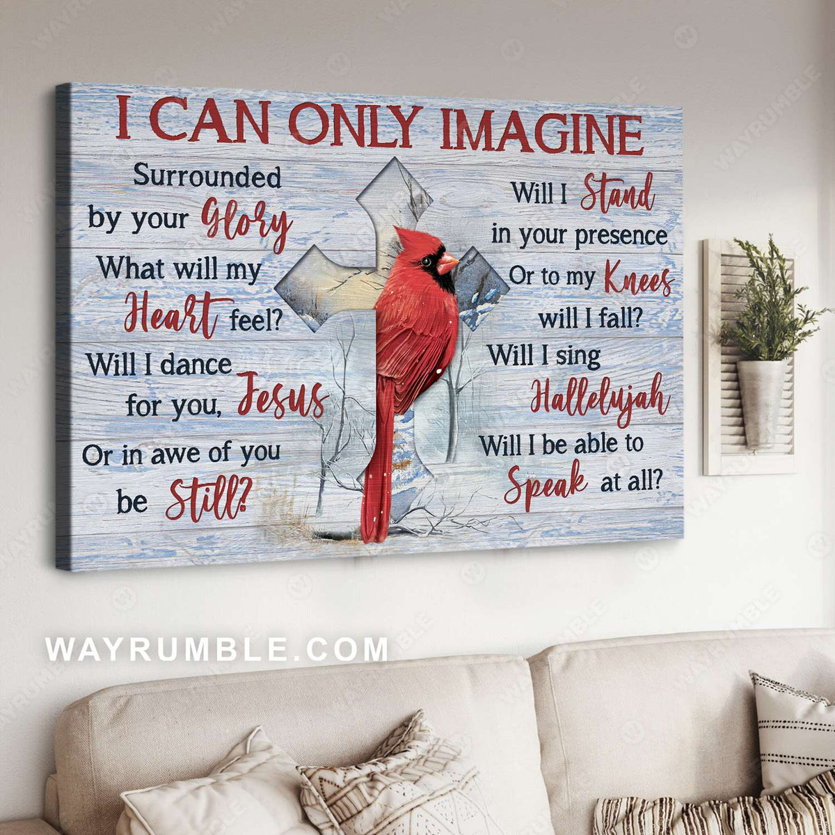 Northern cardinal, Cross symbol, Winter forest, I can only imagine - Jesus Landscape Canvas Prints, Christian Wall Art
