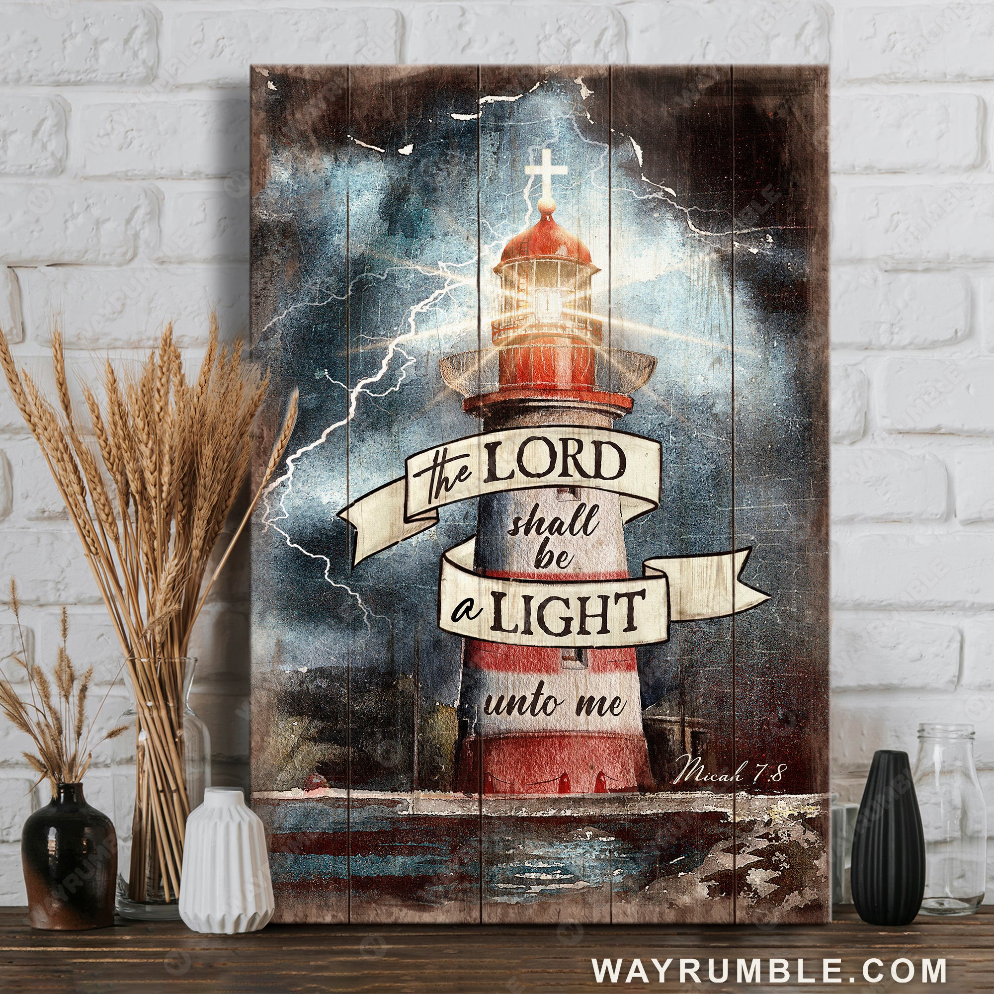 Lighthouse, Cross symbol, Thunderstorm, The Lord shall be a light unto me - Jesus Portrait Canvas Prints, Christian Wall Art