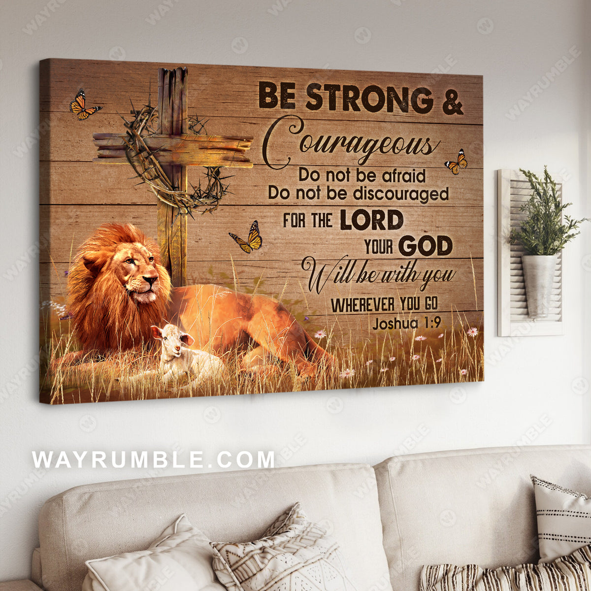 Lion of Judah, Lamb of God, Cross, Crown of thorns, Be strong and courageous - Jesus Landscape Canvas Prints, Christian Wall Art