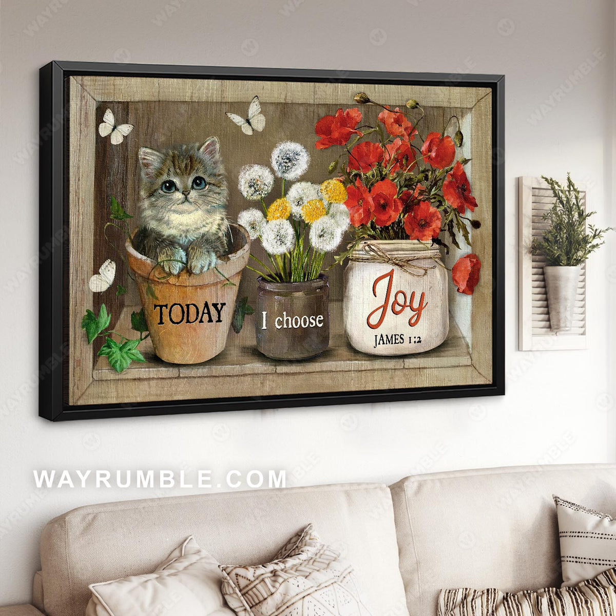 Cat painting, Flower pot, White butterfly, Today I choose joy - Jesus Landscape Canvas Prints, Christian Wall Art