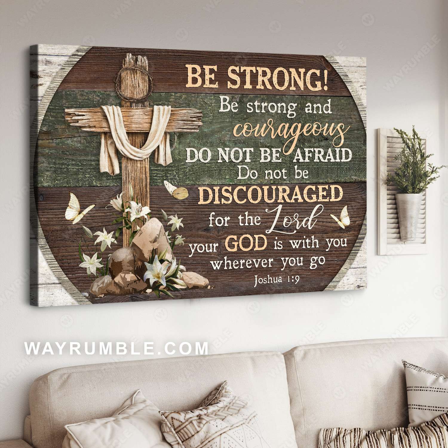 Cross symbol, Crown of thorns, Lily, White butterfly, Be strong and courageous - Jesus Landscape Canvas Prints, Christian Wall Art