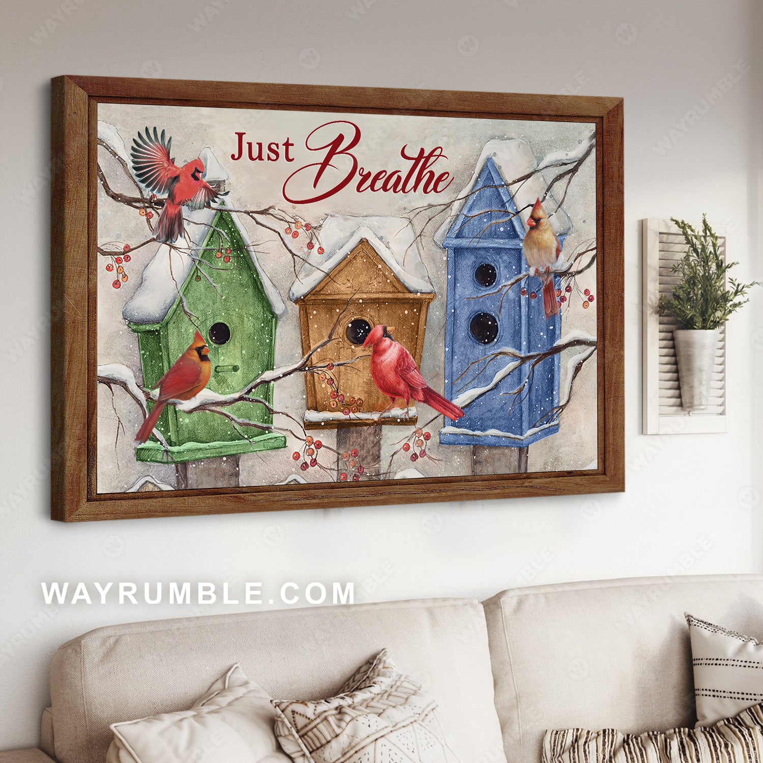 Cardinal, Colorful birdhouse, Winter forest, Just Breathe - Jesus Landscape Canvas Prints, Christian Wall Art