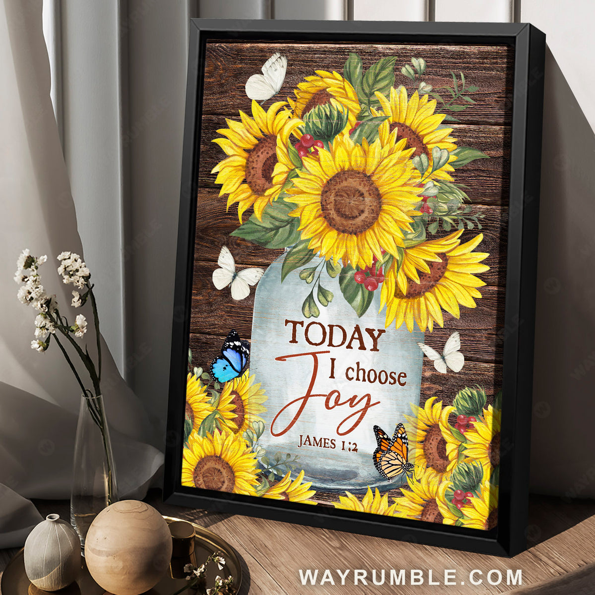 Sunflower garden, Glass jar, Beautiful butterfly, Today I choose joy - Jesus Portrait Canvas Prints, Christian Wall Art