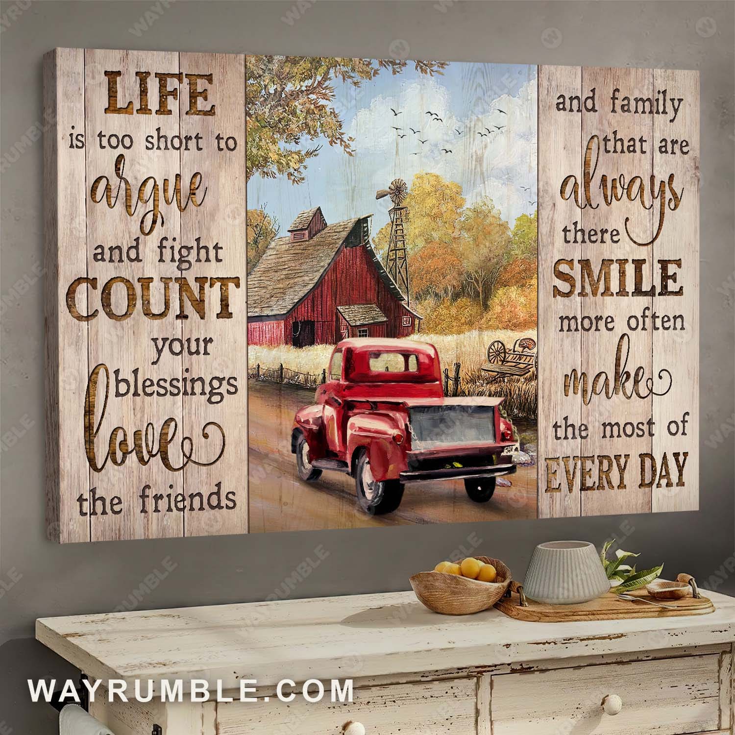 Red truck, Path-way, Red barn house, Autumn field, Make the most of everyday - Jesus Landscape Canvas Prints, Wall Art