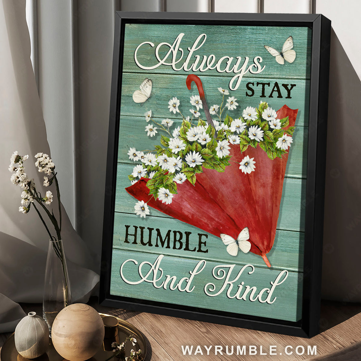 Red umbrella, Daisy flower, White butterfly, Stay humble and kind - Jesus Portrait Canvas Prints, Christian Wall Art