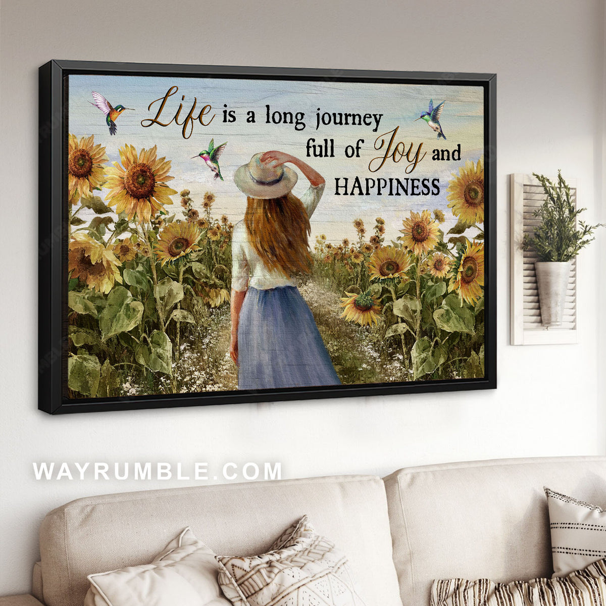 Beautiful girl, Sunflower field, Colorful hummingbirds, Life is a long journey - Jesus Landscape Canvas Prints, Christian Wall Art