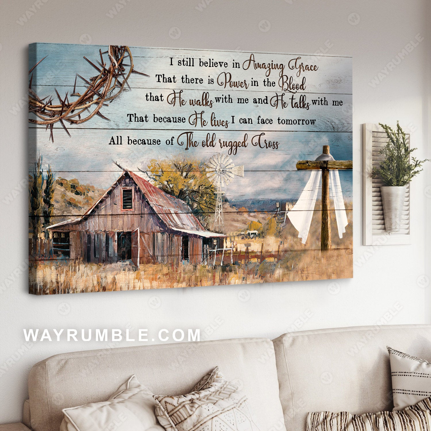 Old barn house, Wooden cross, The crown of thorns, I still believe in amazing grace - Jesus Landscape Canvas Prints, Christian Wall Art