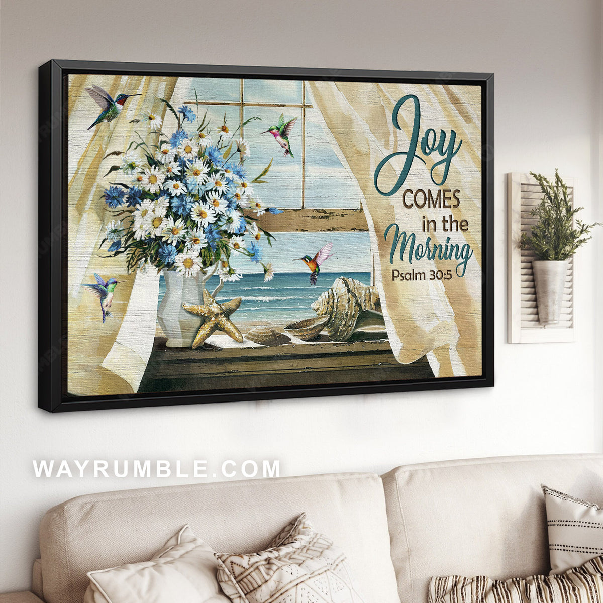 Cornflower blue, White daisy, Hummingbirds, Beach view, Joy comes in the morning - Jesus Landscape Canvas Prints, Christian Wall Art