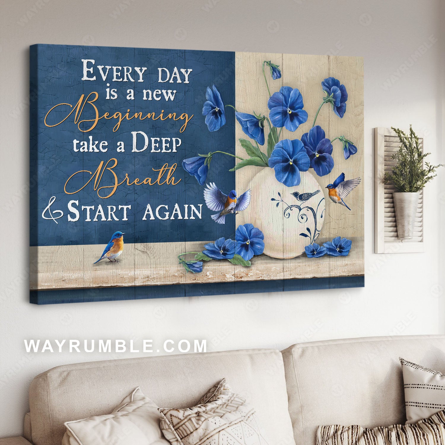 Blue pansy, Eastern bluebird, Flower vase, Every day is a new beginning - Jesus Landscape Canvas Prints, Christian Wall Art