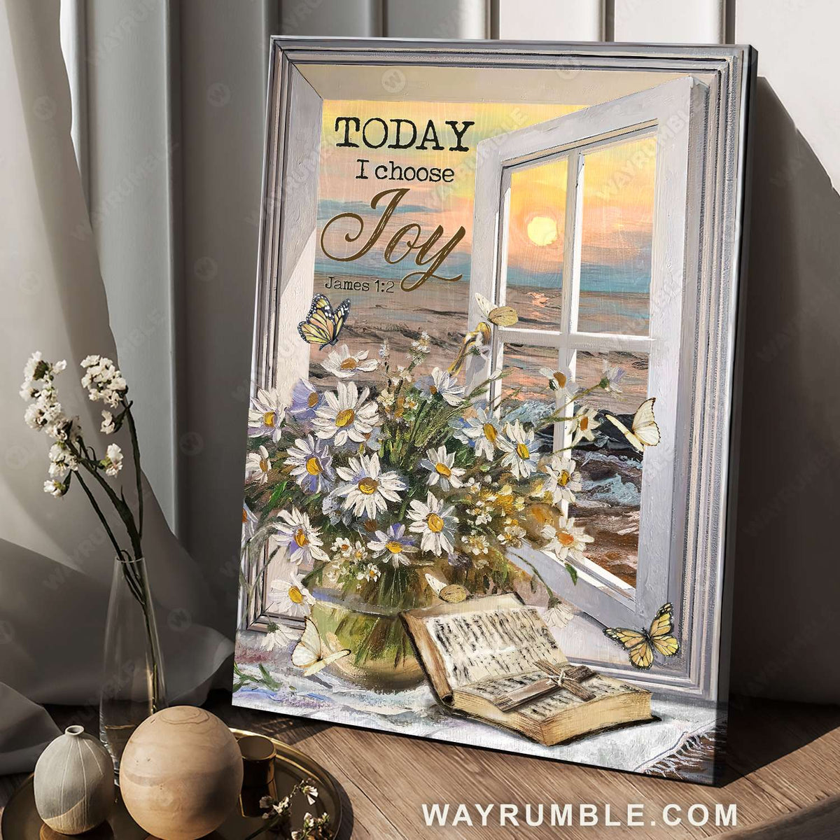 Daisy flower, Bible, Cross symbol, Beach view, Today I choose joy - Jesus Portrait Canvas Prints, Christian Wall Art