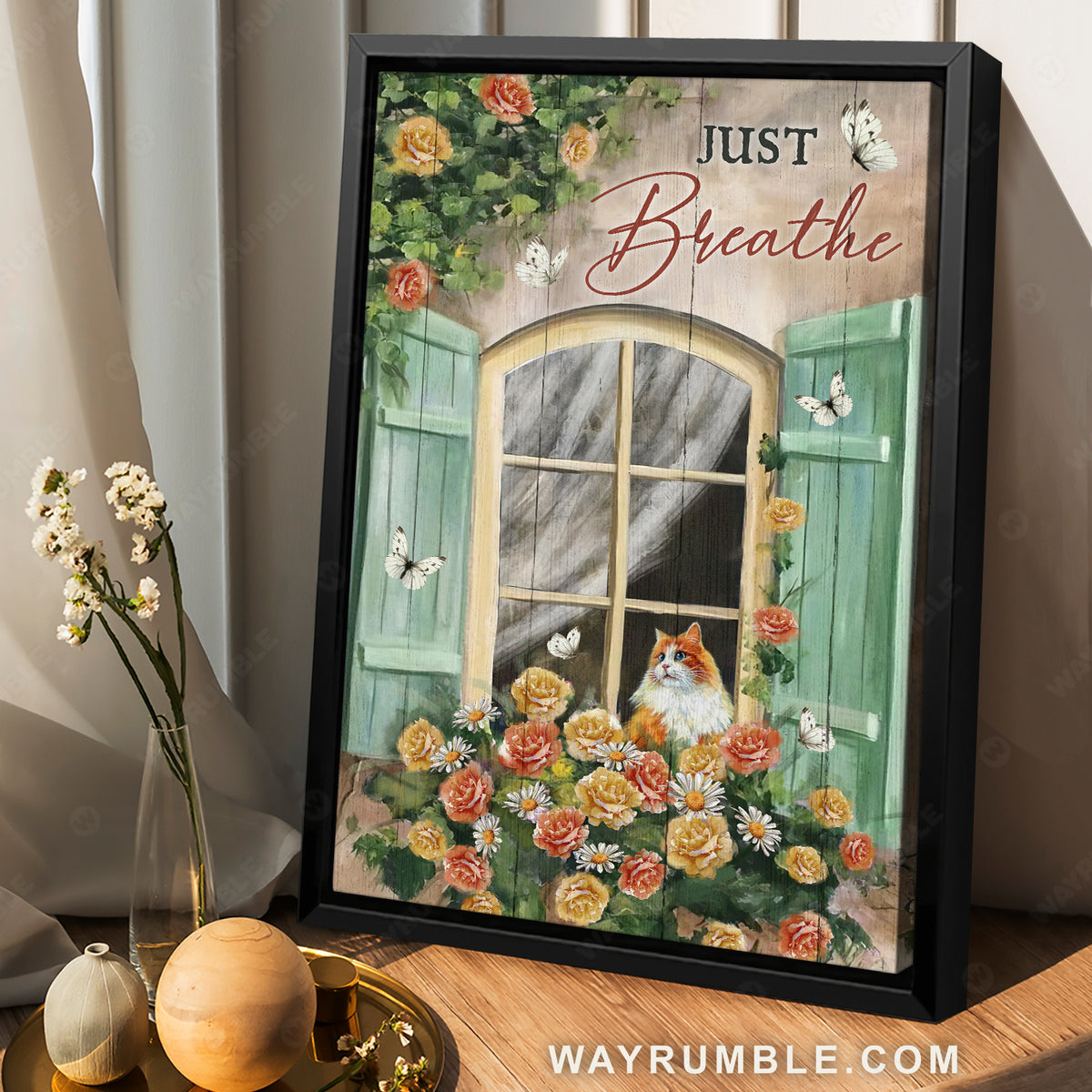 Cat looking out window, Yellow rose, Pink rose, Just breathe - Jesus Portrait Canvas Prints, Christian Wall Art