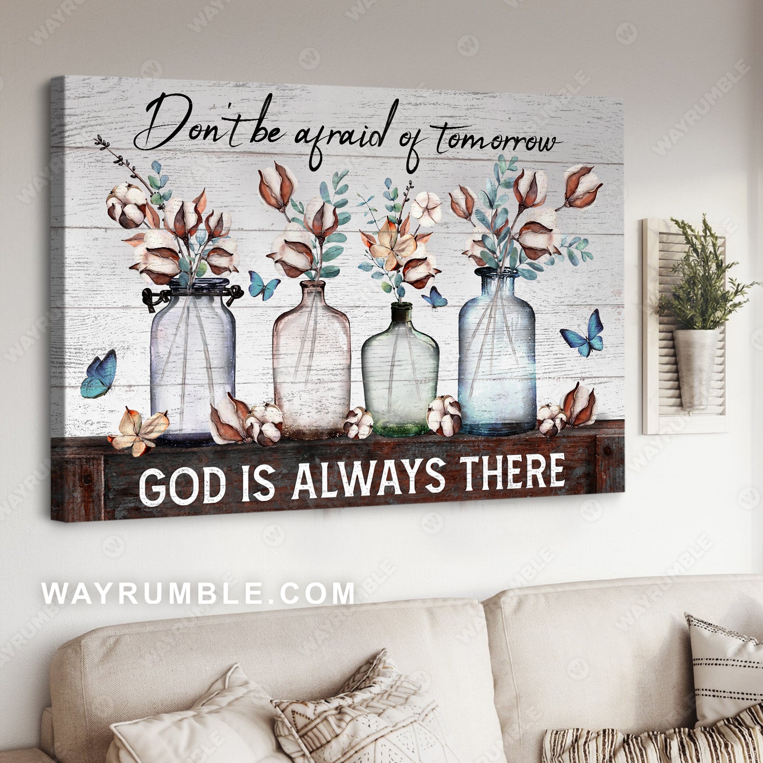 Cotton plant, Blue butterfly, Glass bottle, Don't be afraid of tomorrow - Jesus Landscape Canvas Prints, Christian Wall Art