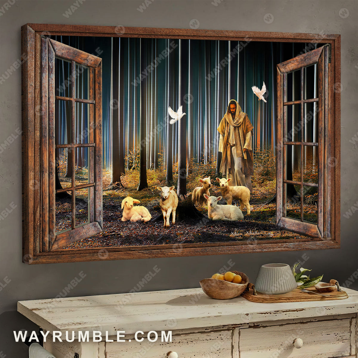 Lambs painting, Walking with Jesus, Into the forest, Window frame - Jesus Landscape Canvas Prints, Wall Art