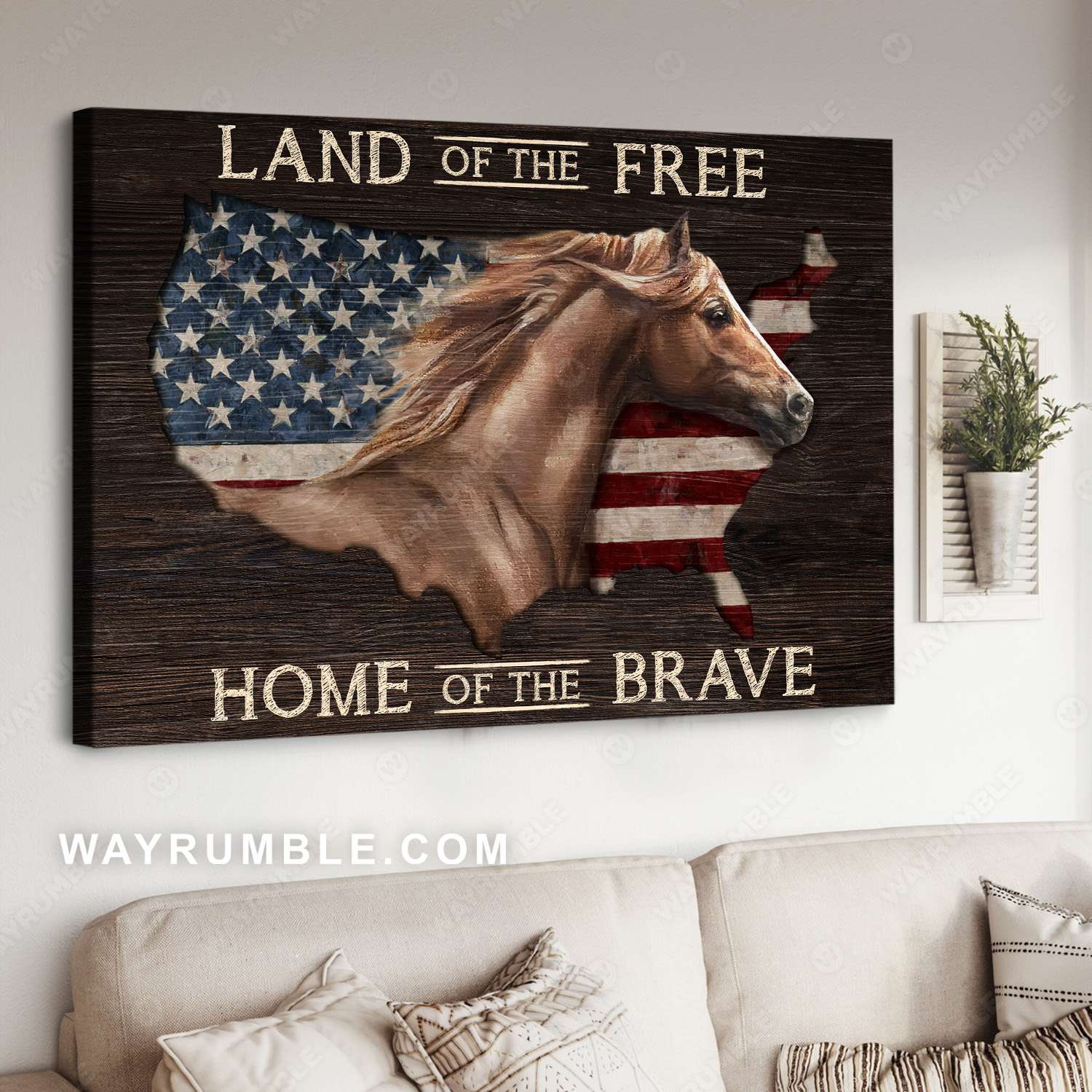 Horse painting, US flag, Dark brown background, Land of the free - Jesus Landscape Canvas Prints, Christian Wall Art