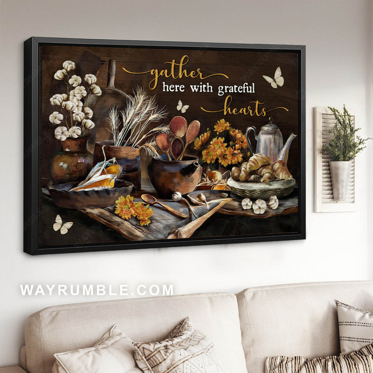 Kitchen tools, Cotton flower, White butterfly, Gather here with grateful hearts - Jesus Landscape Canvas Prints, Christian Wall Art