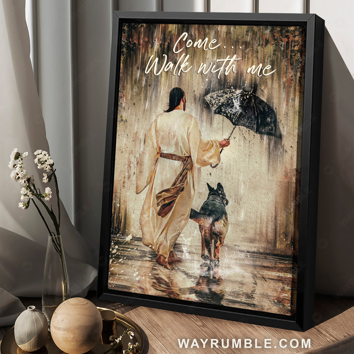 German shepherd, Walking with Jesus, Rainy night, Come walk with me - Jesus Portrait Canvas Prints, Christian Wall Art