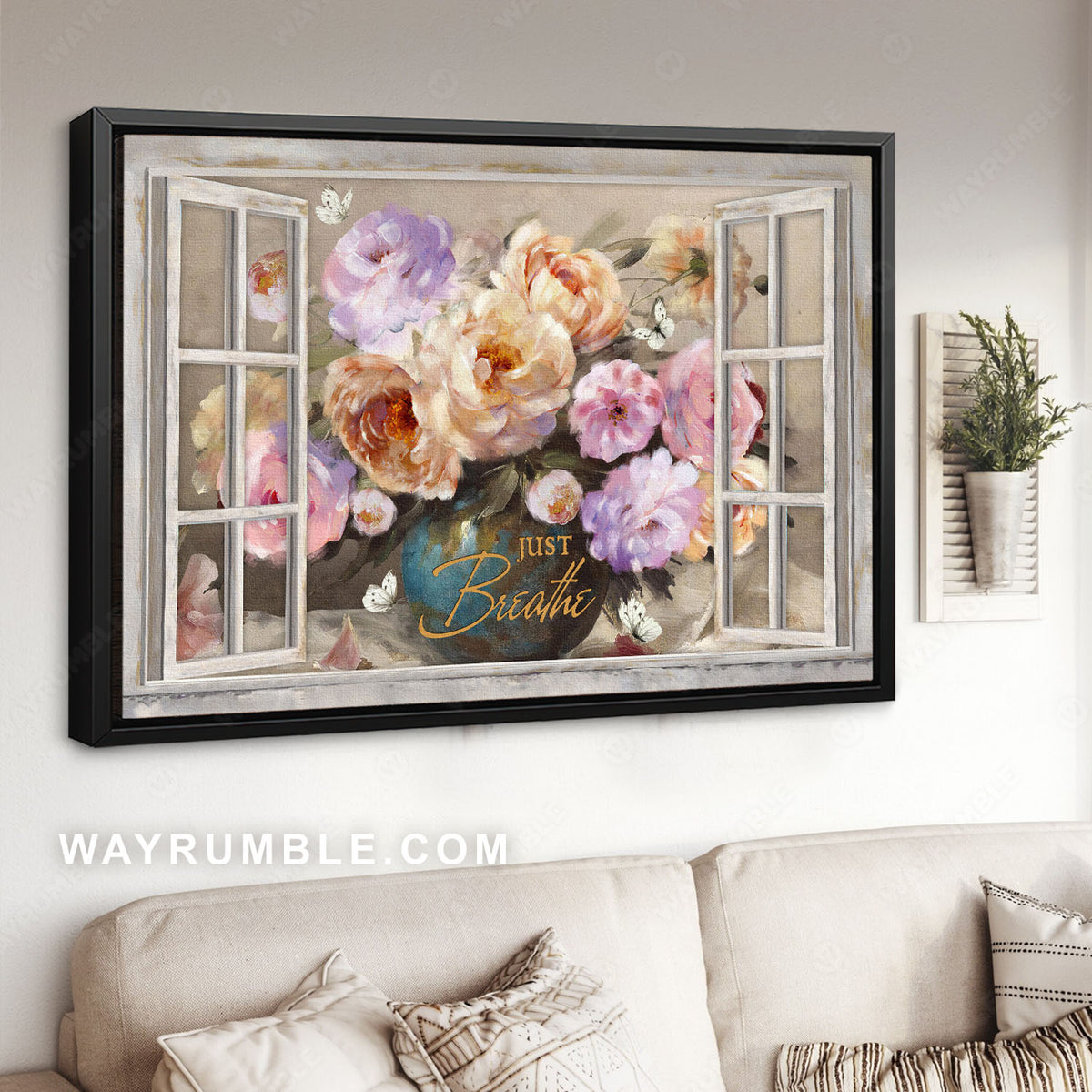 Pink camellia, Purple flowers, White butterfly, Just breathe - Jesus Landscape Canvas Prints, Christian Wall Art