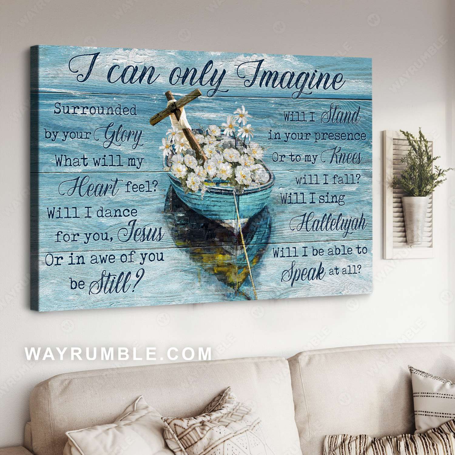 White poppy, Cross symbol, Blue boat, Blue background, I can only imagine - Jesus Landscape Canvas Prints, Christian Wall Art