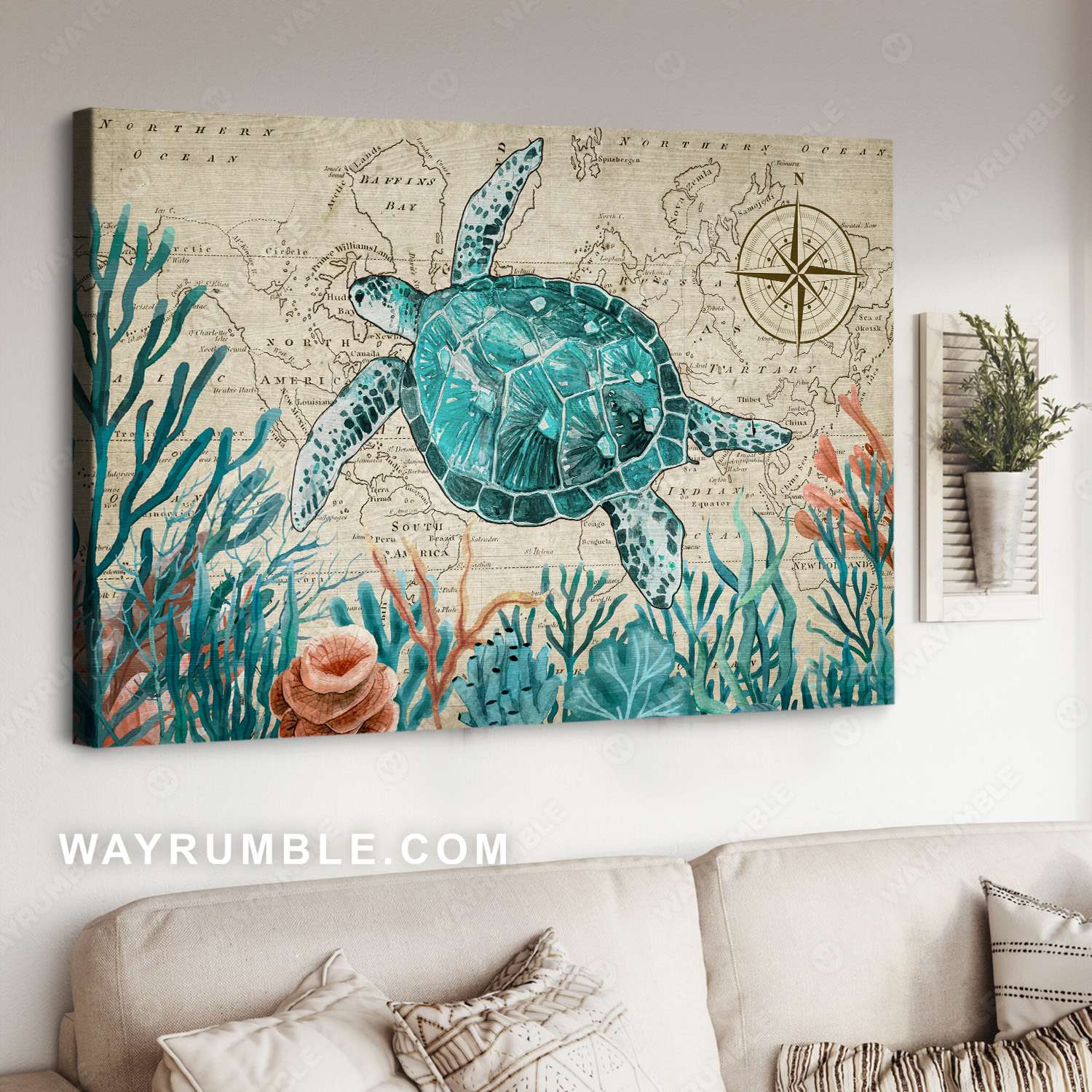 Sea turtle, Seaweed, Ocean world, Map background - Jesus Landscape Canvas Prints, Christian Wall Art