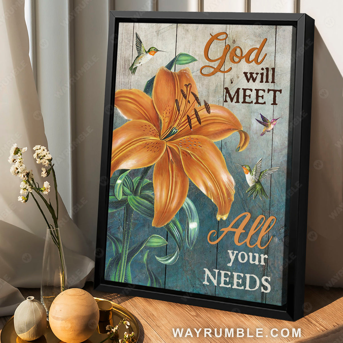 Orange lily, Hummingbird, Flower painting, God will meet all your needs - Jesus Portrait Canvas Prints, Christian Wall Art