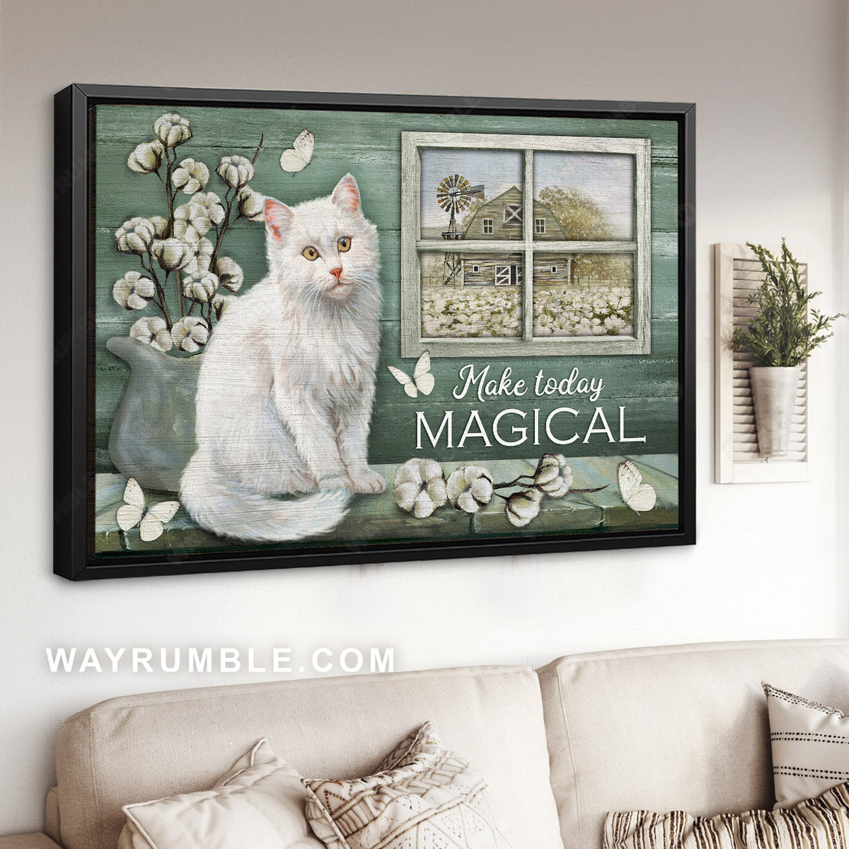 White fluffy cat, Cotton plant, Make today magical - Jesus Landscape Canvas Prints, Christian Wall Art