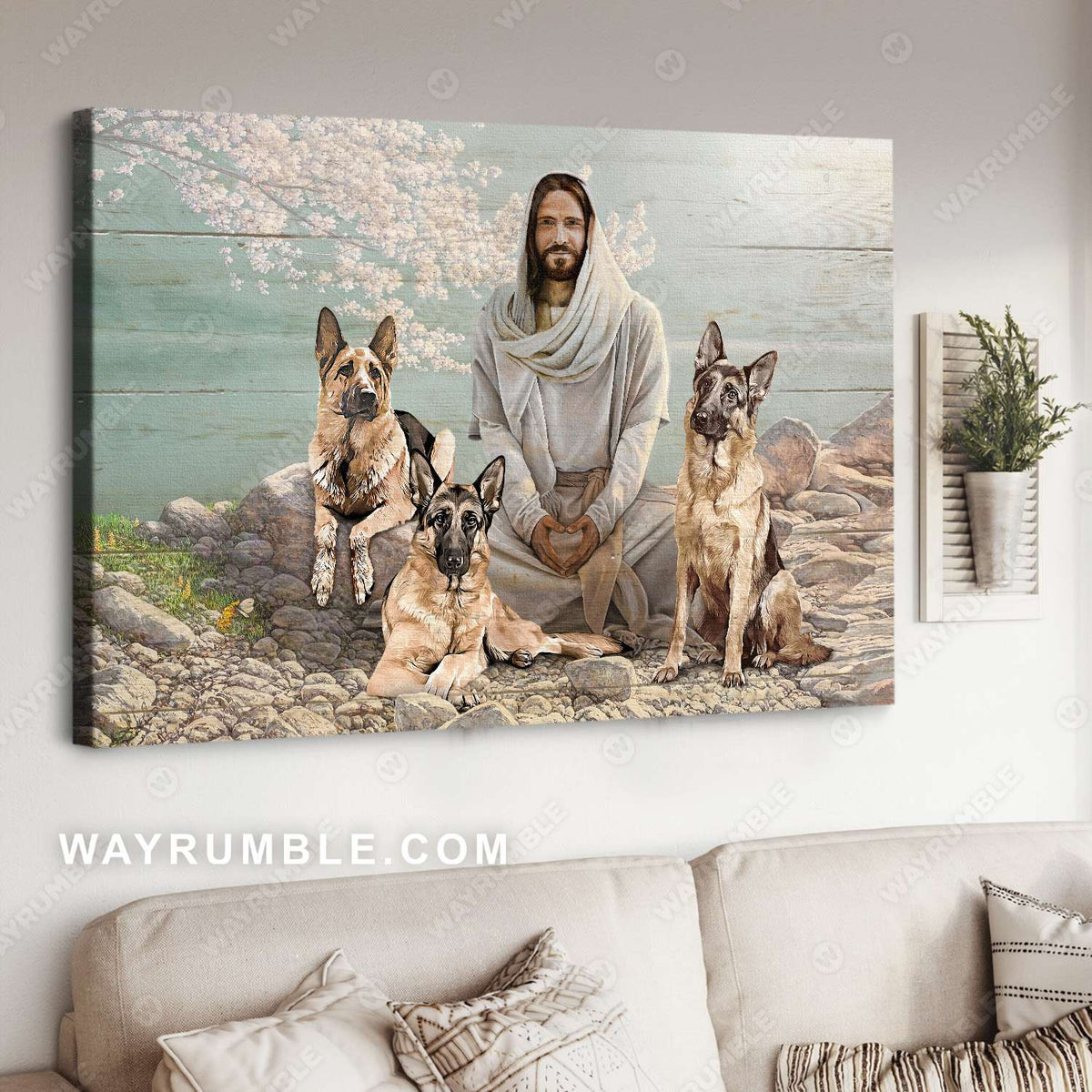 Jesus painting, German Shepherd drawing, Sitting with Jesus in the beautiful garden - Jesus Landscape Canvas Prints, Christian Wall Art