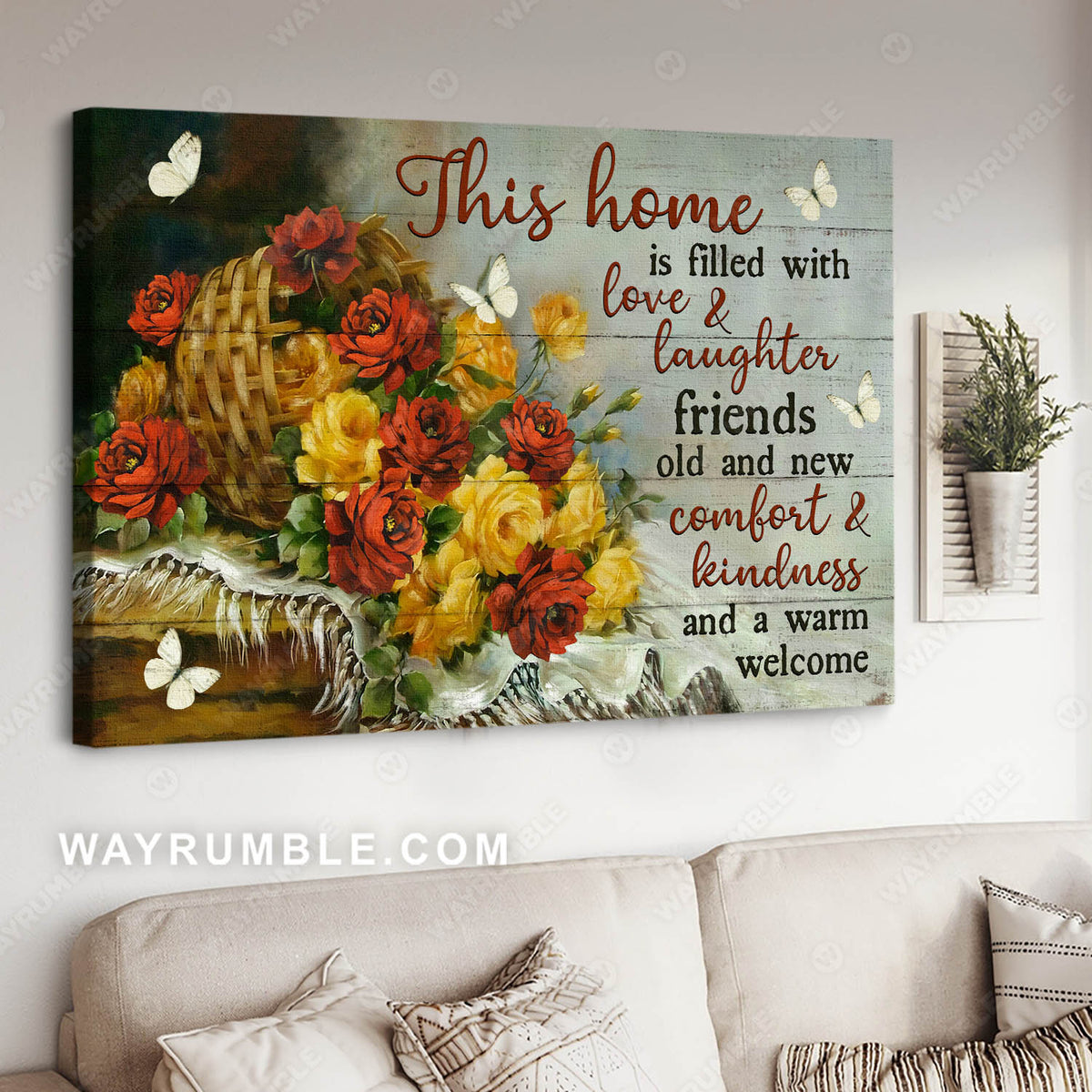 Rose painting, Flower basket, Still life painting, This home is filled with love &amp; laughter - Jesus Landscape Canvas Prints, Christian Wall Art