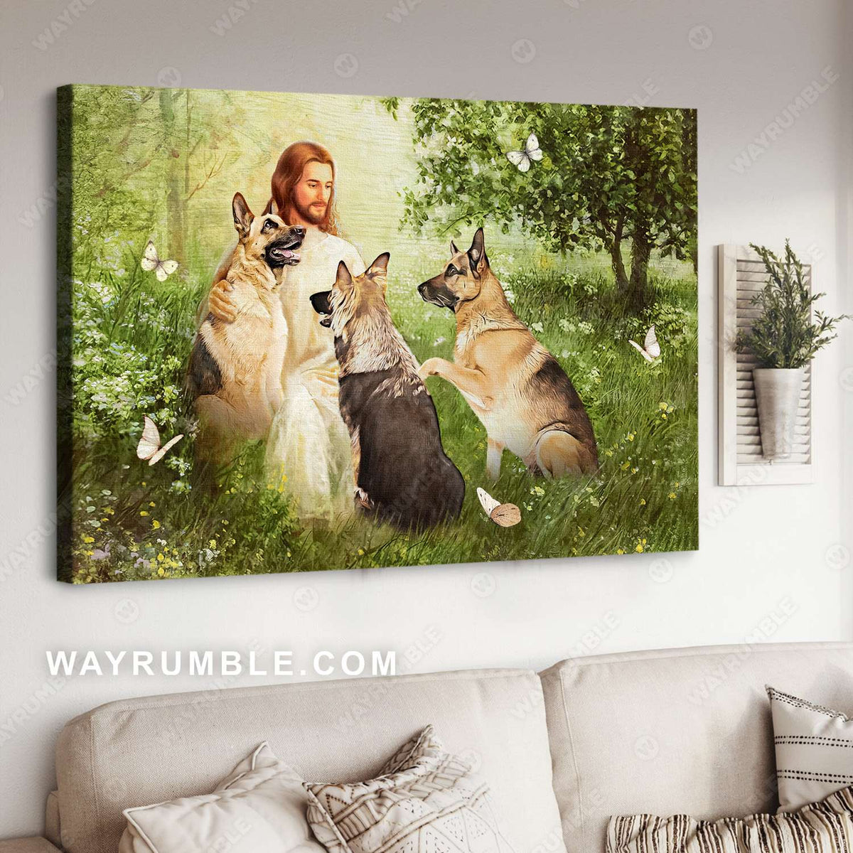 German Shepherd, Jesus painting, In the spring forest with Jesus - Jesus Landscape Canvas Prints, Christian Wall Art