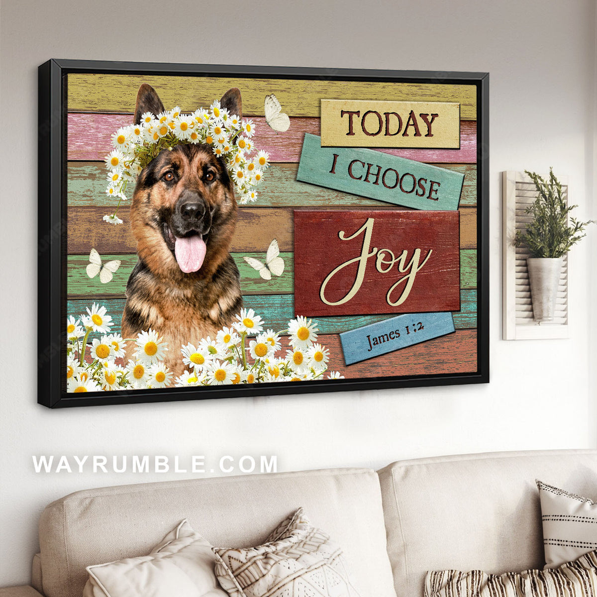 German shepherd, White daisy, Flower wreath, Today I choose joy - Jesus Landscape Canvas Prints, Christian Wall Art