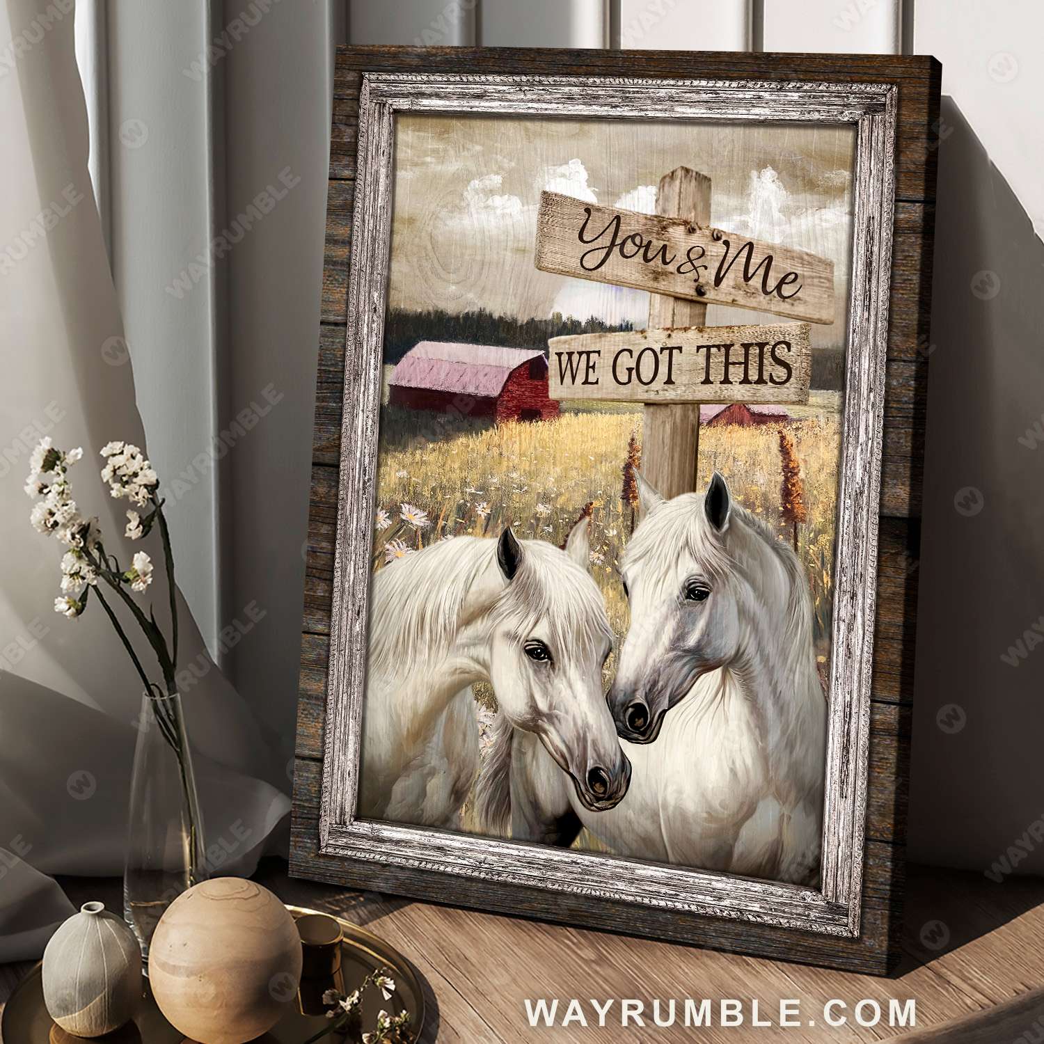 White horse painting, Countryside landscape, Meadow land, Red barn house, You and me, We got this - Jesus Portrait Canvas Prints, Christian Wall Art