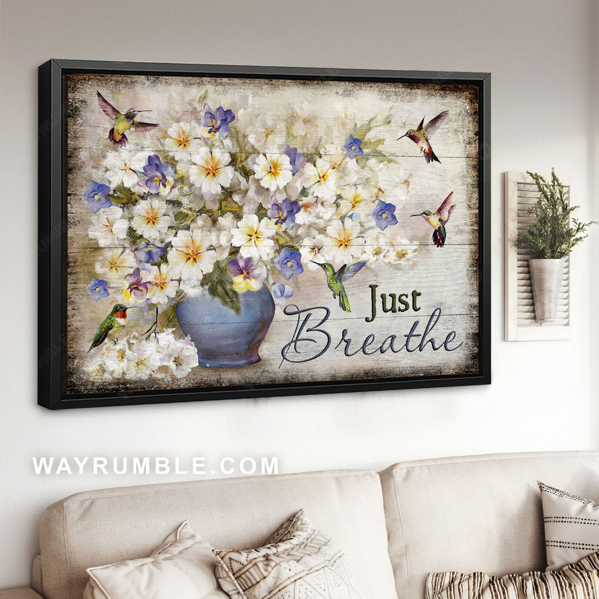 Bacopa plant, Flower vase, Hummingbirds. Just breathe - Jesus Landscape Canvas Prints, Christian Wall Art