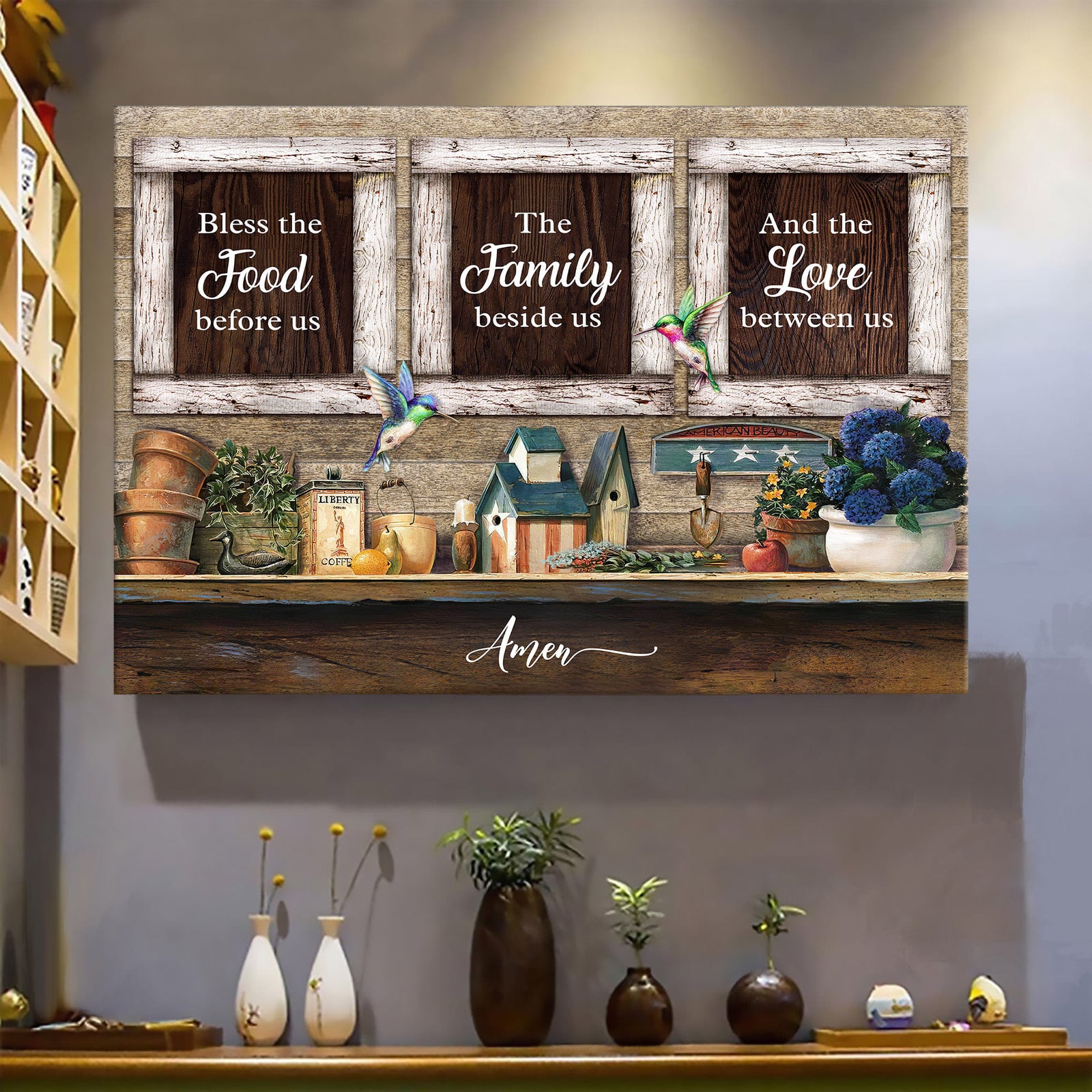 Vintage kitchen, Hummingbird, Bless the food before us - Jesus Landscape Canvas Prints, Wall Art