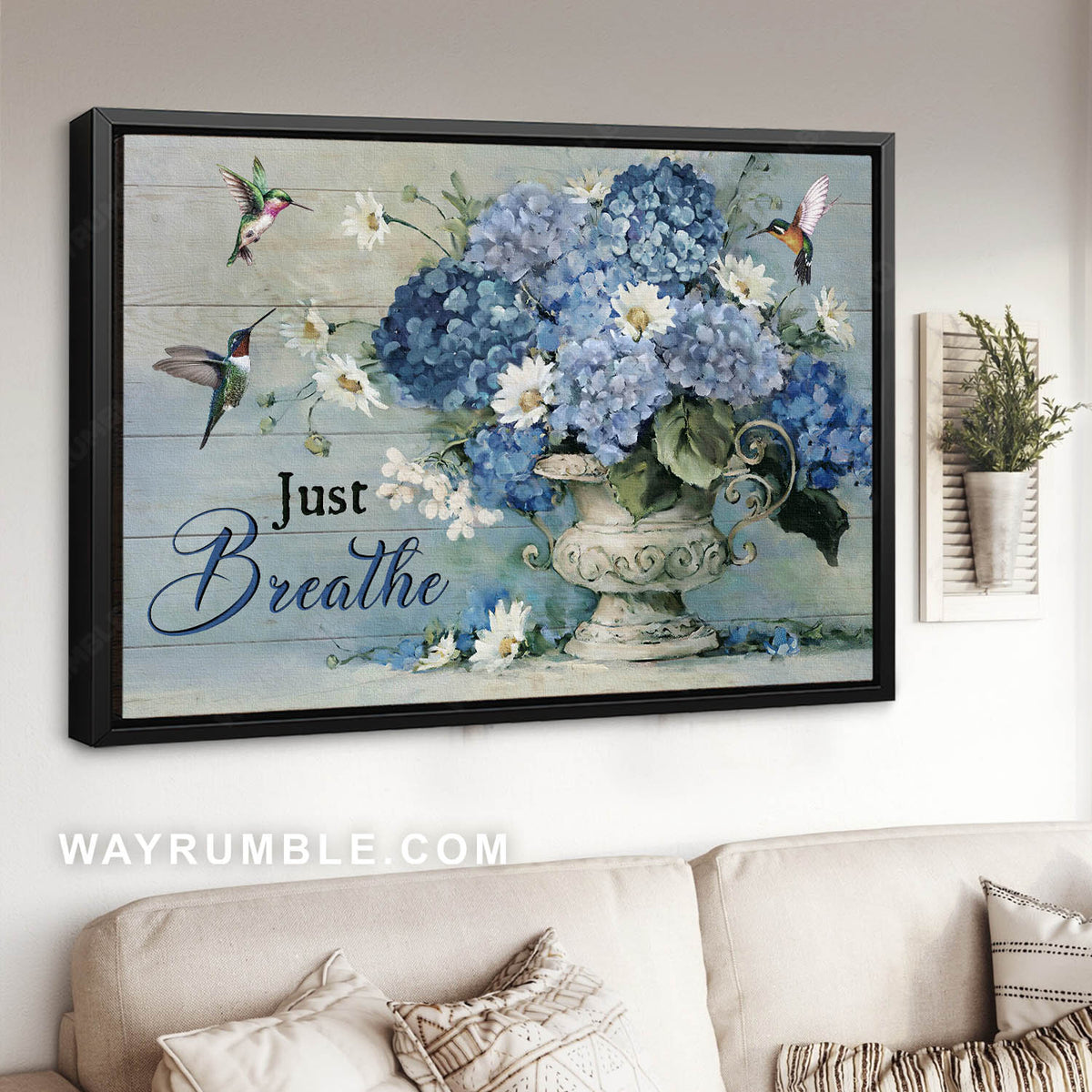 Blue hydrangea, Daisy flower, Green hummingbirds, Just breathe - Jesus Landscape Canvas Prints, Christian Wall Art
